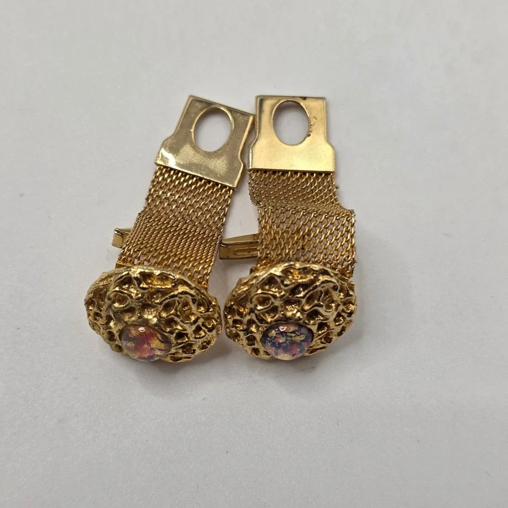 Vintage Cufflinks Mens Gold Tone Mesh Wrap Faux Fire Opal MCM Textured Nugget